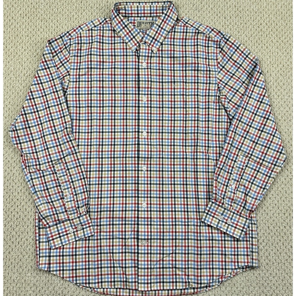 Duluth Trading Shirt Mens XL Multicolor Check Plaid Trim Fit Button Long Sleeve